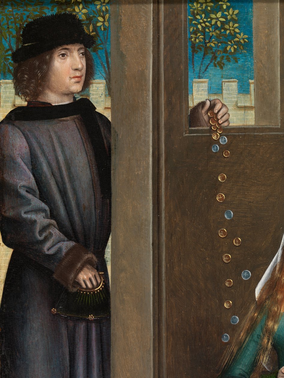 Detalj av St. Nicholas' veldedighet, fra St. Nicholas altertavle, ca. 1486-93 (olje på panel) av Master of The Legend of St. Lucy