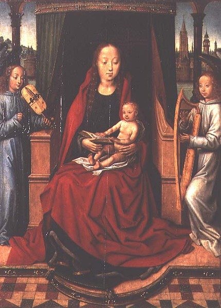 Madonna og barn med to musikalske engler av Master of The Legend of St. Lucy