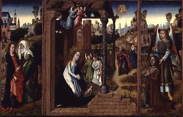 Fødselen med besøket og erkeengelen som presenterer giveren av Master of the Legend of St. Ursula