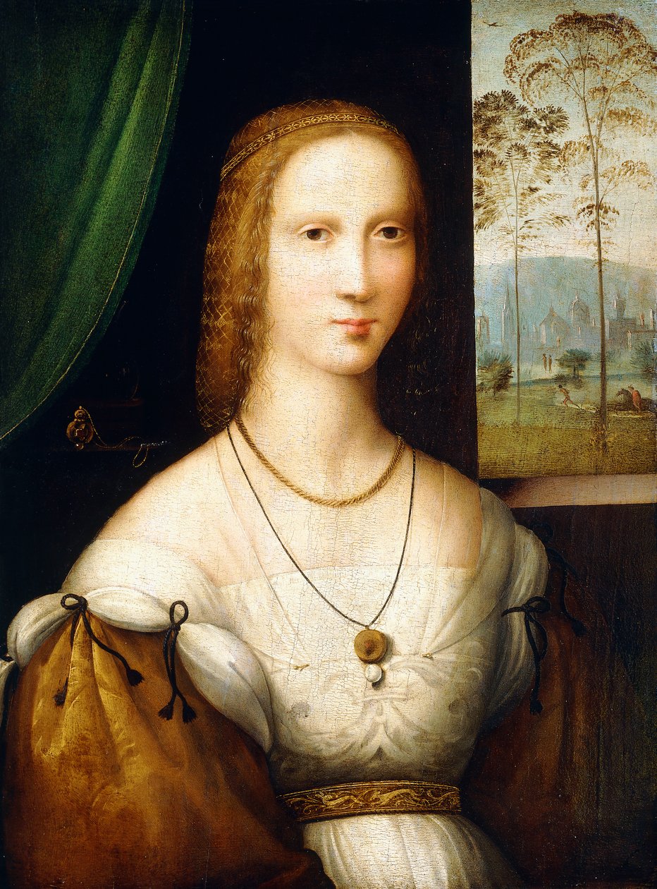 Portrett av en dame, halvlang, iført en hvit kjole med gullermer av Master of the Leonardesque Female Portraits