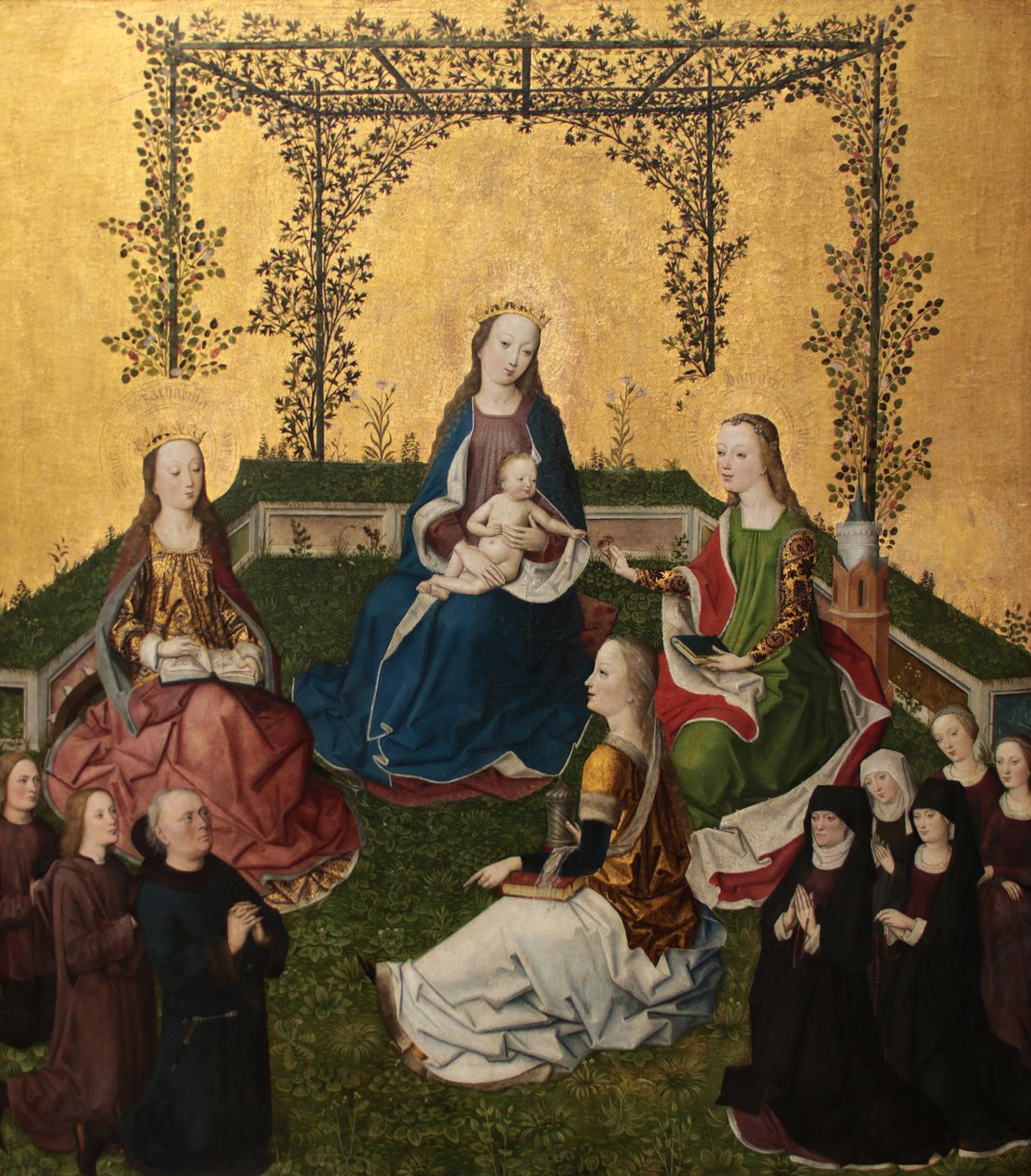 Madonna med barn i rose arbor, ca 1470 av Master of the Life of Virgin Mary