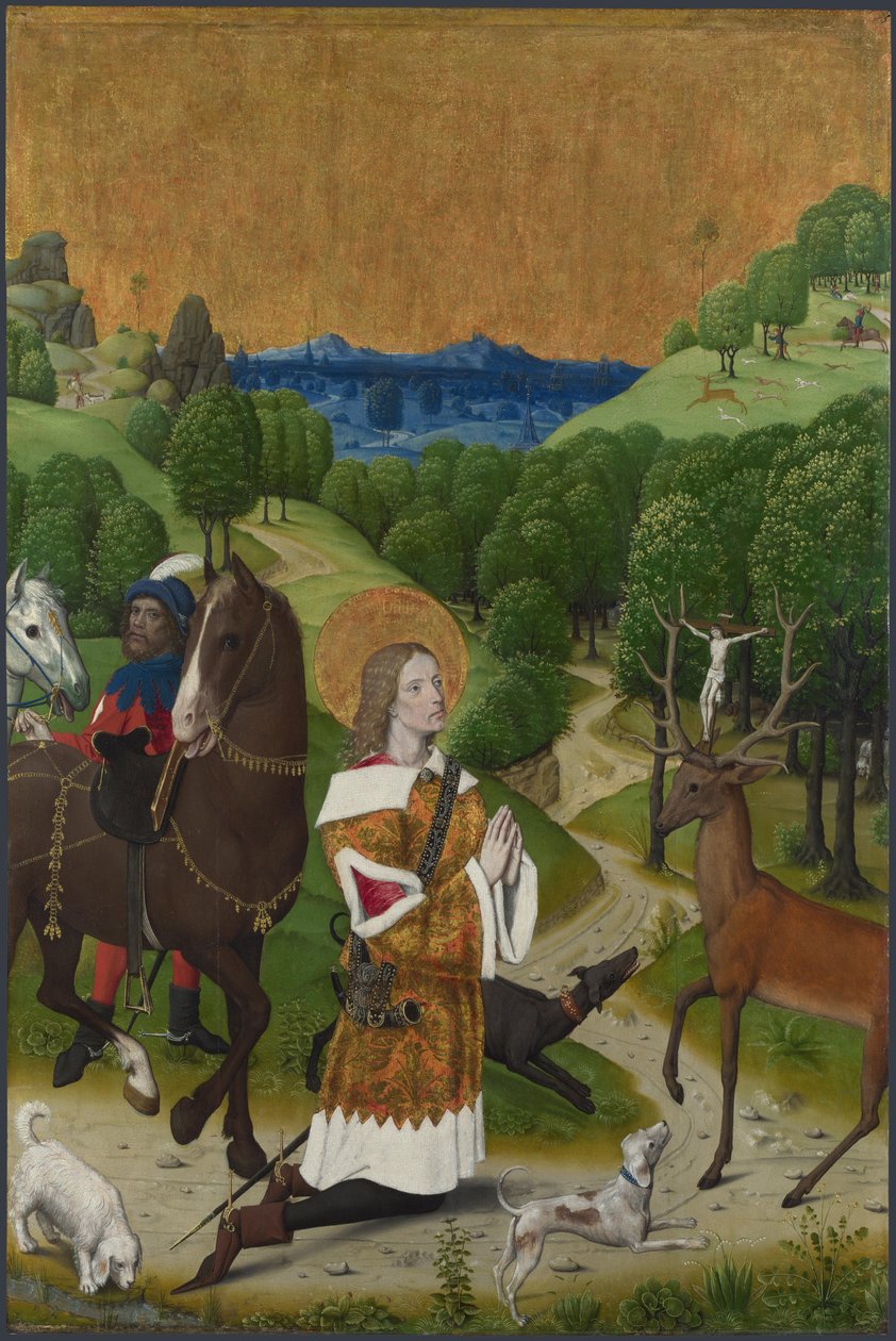 Konverteringen av Saint Hubert. Lukker fra Werden-altertavlen, ca 1485 av Master of the Life of the Virgin