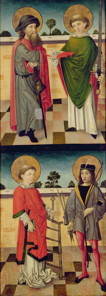 Øverst: St. Jacob som pilegrim og St. Matteus holder en bok og et sverd; Nederst: St. Lawrence holder et gitterjern og St. Sebastian holder en pil og bue, baksiden av et panel fra en altertavle som viser av Master of the Luneburg Footwashers
