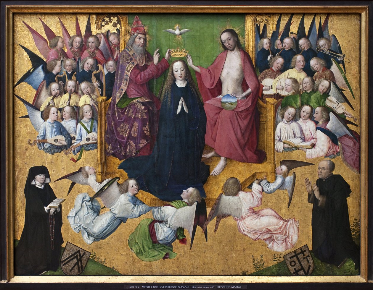 Kroningen av Maria. Representasjon av Den Hellige Treenighet: Gud, Jesus Kristus og Den Hellige Ånds due (Den Hellige Ånd). Maleri av Master of the Passion of Lyversberger (aktiv 1460-1490), olje på tre, tidlig tysk kunst 1400-tallet. München, Alte av Master of the Lyversberg Passion