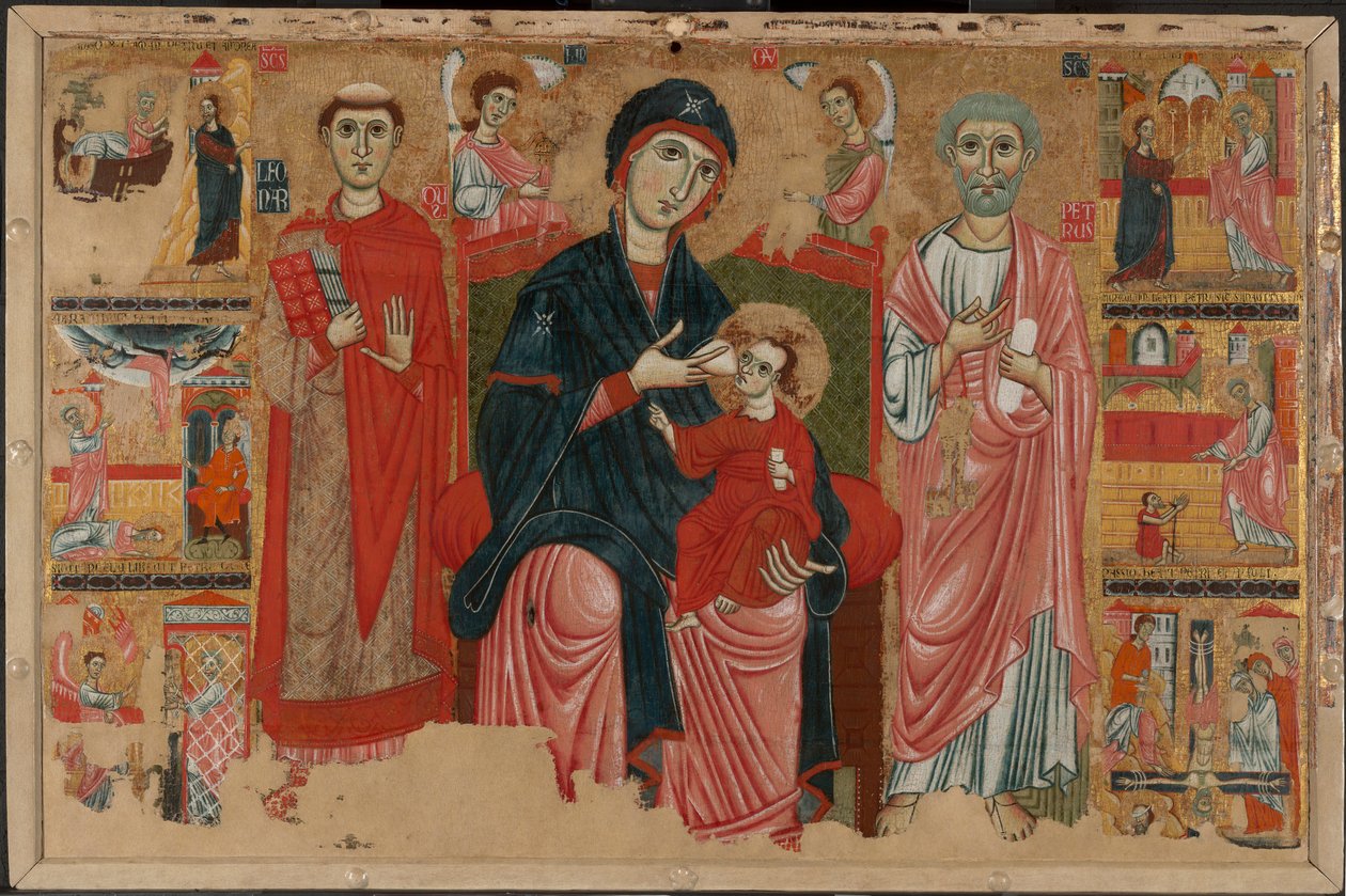 Jomfru og barn tronet med de hellige Leonard og Peter og scener fra Peters liv av Master of the Magdalen