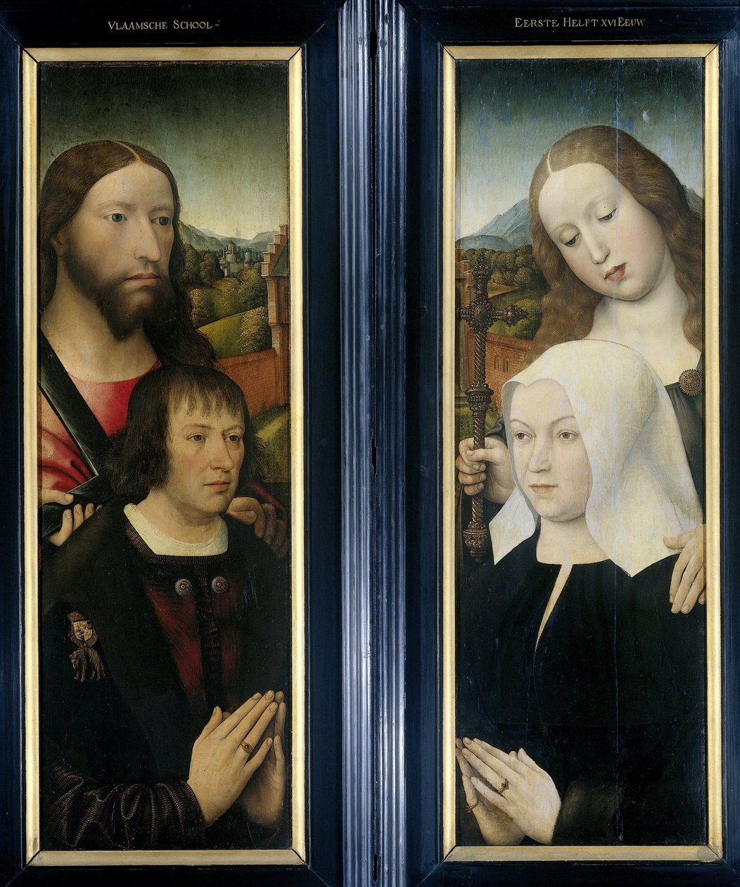 Two Wings of a Triptych with the Donor, Thomas Isaacq, akkompagnert av Saint Thomas (venstre, ytre fløy), og giverens kone akkompagnert av Saint Margaret (høyre, ytre fløy) av Master of the Magdalen Legend