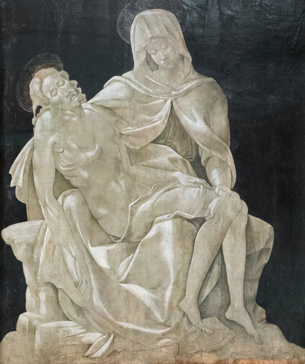 sørger over den døde Kristus (Pietà), mesteren til Madonna av Manchester av Master of the Manchester Madonna (attr. to)