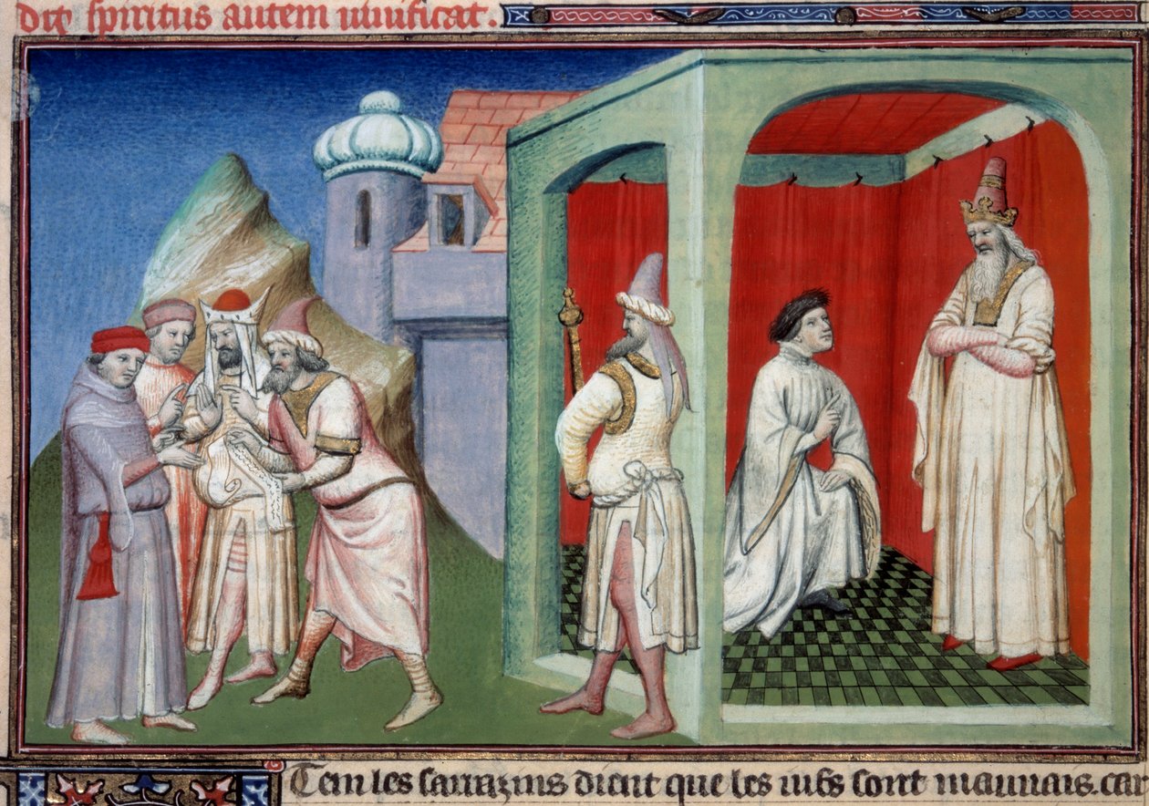 John av Mandeville og sultanen. Kontrovers mellom kristne og muslimer representert av Jean de Mandeville, oppdagelsesreisende fra Liege (1300-1372) og sultanen av Saracens. Miniatyr i "" The Book of the Wonders of the World"" Ms. 2810 Folio 175v. Manuskrip av Master of the Mazarine
