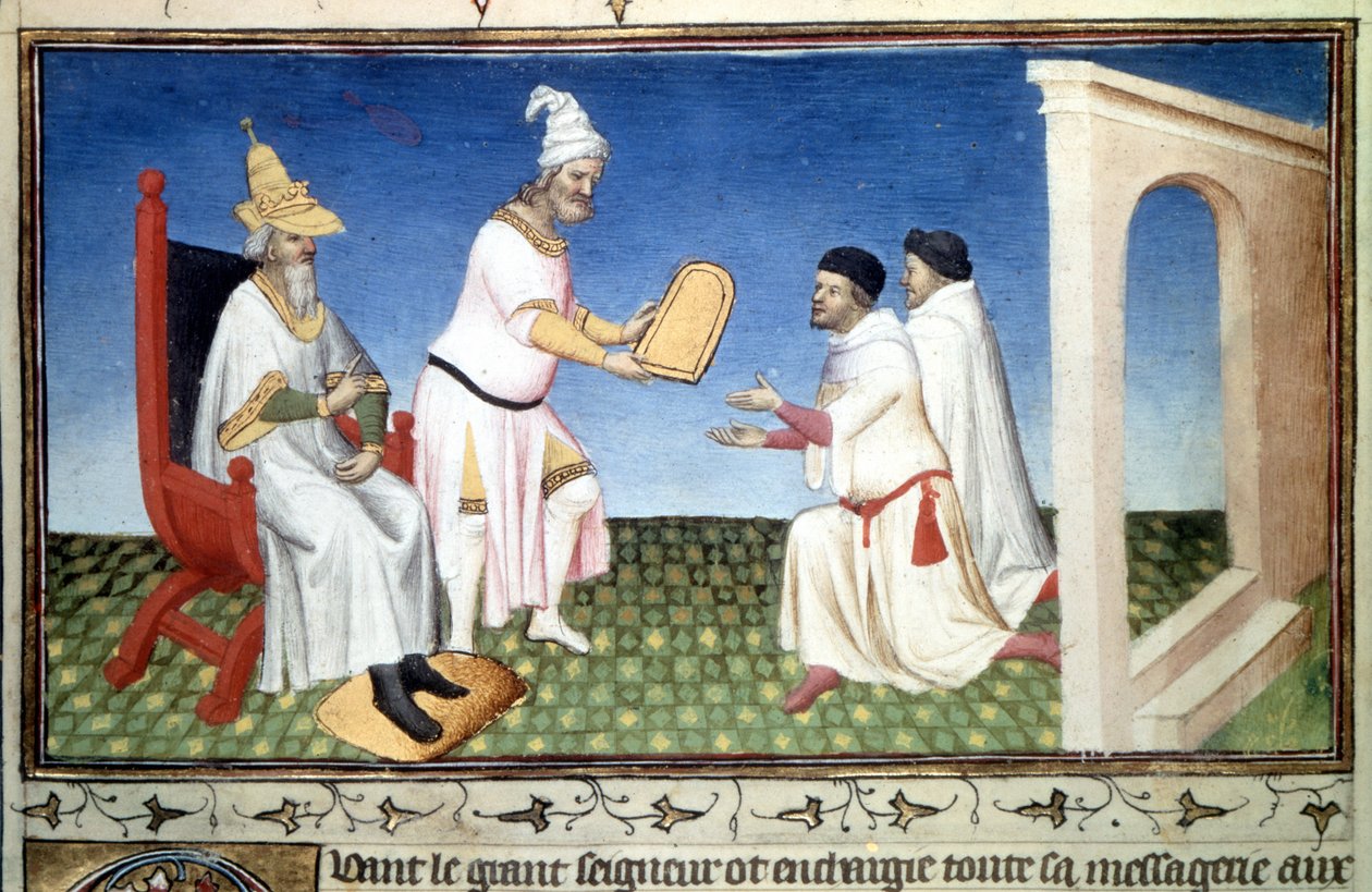 Marco Polo og Mattia Polo mottar donasjoner fra Kubilay Khan, - Miniatyr hentet fra "The Book of Wonders"" ("" Devisement of the World", "" The Million") av Marco Polo (1254-1324) (Ms , folio 3v) opplyst av Master of Mazarine, ca. 1410-1412 av Master of the Mazarine