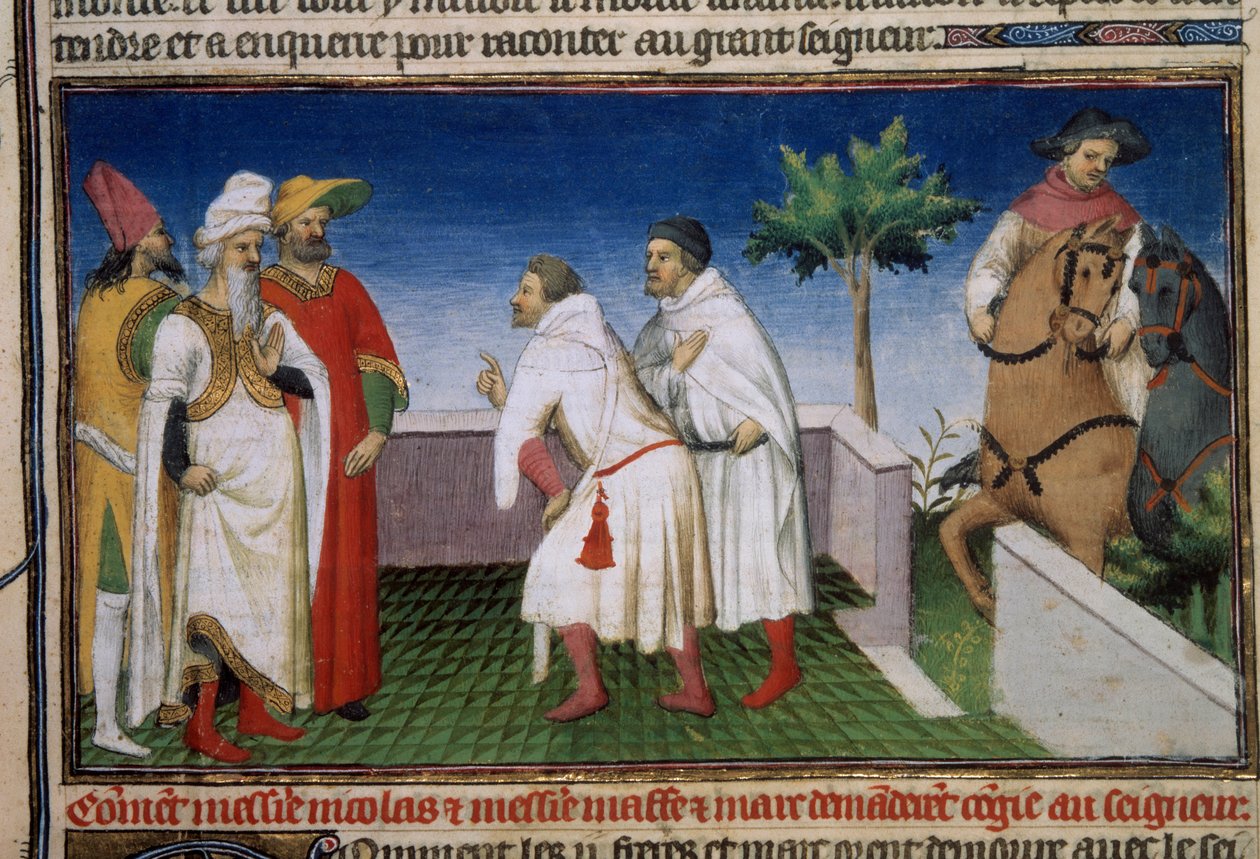 Matteo og Niccolo, Polo-brødrene ber om conge fra Qubilai (Kubilai Khan, første keiser av det mongolske Yuan-dynastiet (1215-1294) Miniatyr hentet fra "" The Book of Wonders""" ("" Deviation of the World"" , “” Il Milione””) Ms. 2820 folio 6. Enlu av Master of the Mazarine