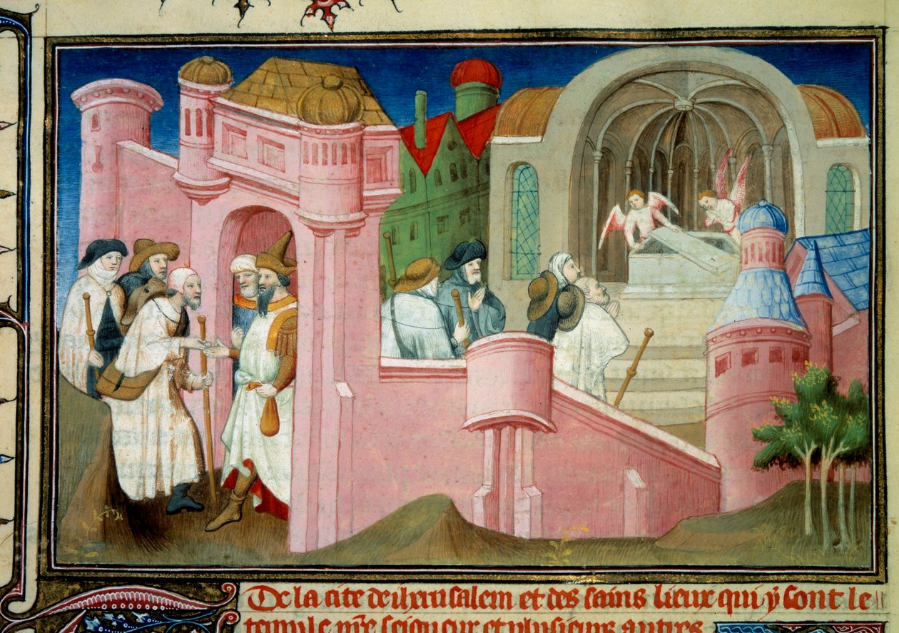 Pilegrimer besøker Den hellige gravs kirke og Kristi grav i Jerusalem Miniatyr i "" Liber de quibusdam ultramarinis partibus et praecipue de Terra sancta "" av William av Bol av Master of the Mazarine