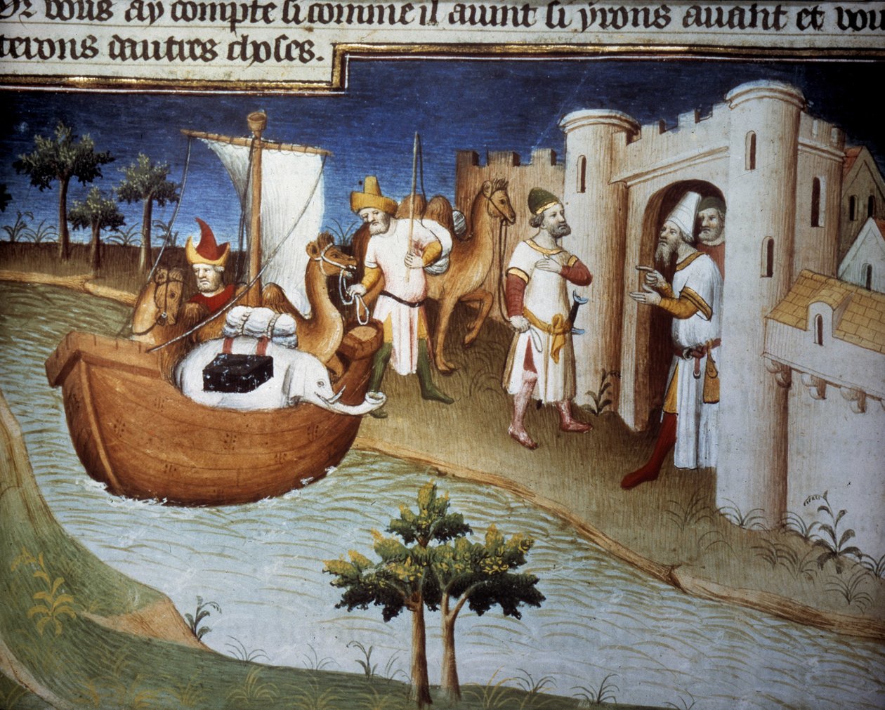 Polo-brødrene (inkludert Marco Polo) ankommer Ormuz fra India i et lasteskip. Miniatyr i "" The Book of Wonders"" ("" Devisement du monde", "" Il Milione") (Ms. 2810, Folio 14v). Manuskript innskrevet av Master of Mazarine av Master of the Mazarine