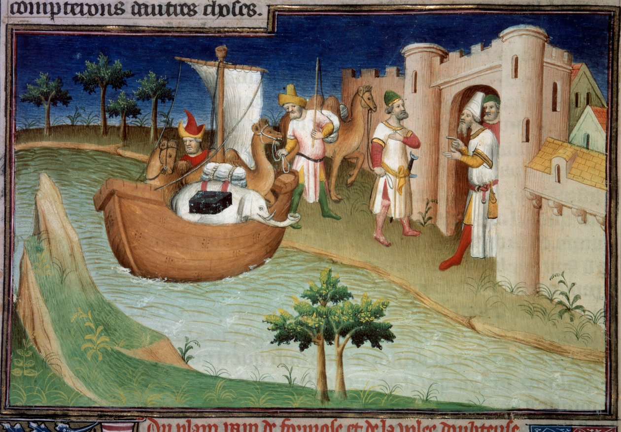 Polo-brødrene (inkludert Marco Polo) ankommer Ormuz fra India i et lasteskip. Miniatyr i "" The Book of Wonders"" ("" Devisement du monde", "" Il Milione") (Ms. 2810, Folio 14v). Manuskript innskrevet av Master of Mazarine av Master of the Mazarine
