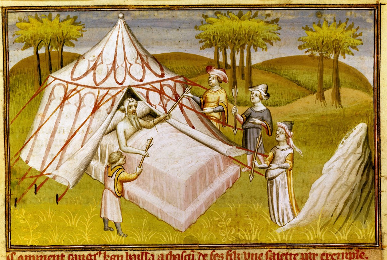 Den mongolske lederen Gengis Khan på dødsleiet og ga sine siste anbefalinger til sønnene sine, ca. 1410 (miniatyr) av Master of the Mazarine
