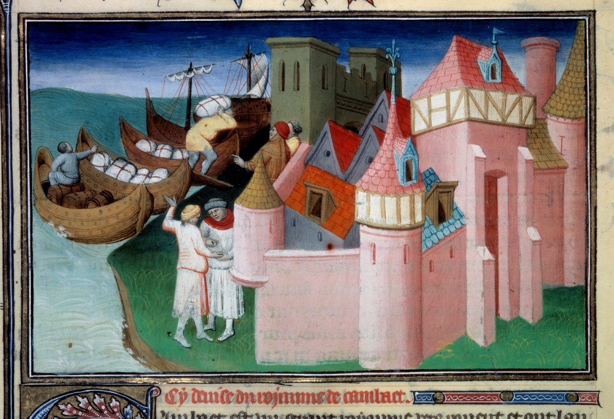 Lossing av baller i byen Khambhat, India. Miniatyr i "" The Book of Wonders"" ("" Devisement du monde", "" Il Milione") Ms2810, Folio 86v. Manuskript innskrevet av Master of Mazarine og skrevet av Marco Polo (1254-1324), ca. 1410-1412. BN, Par av Master of the Mazarine