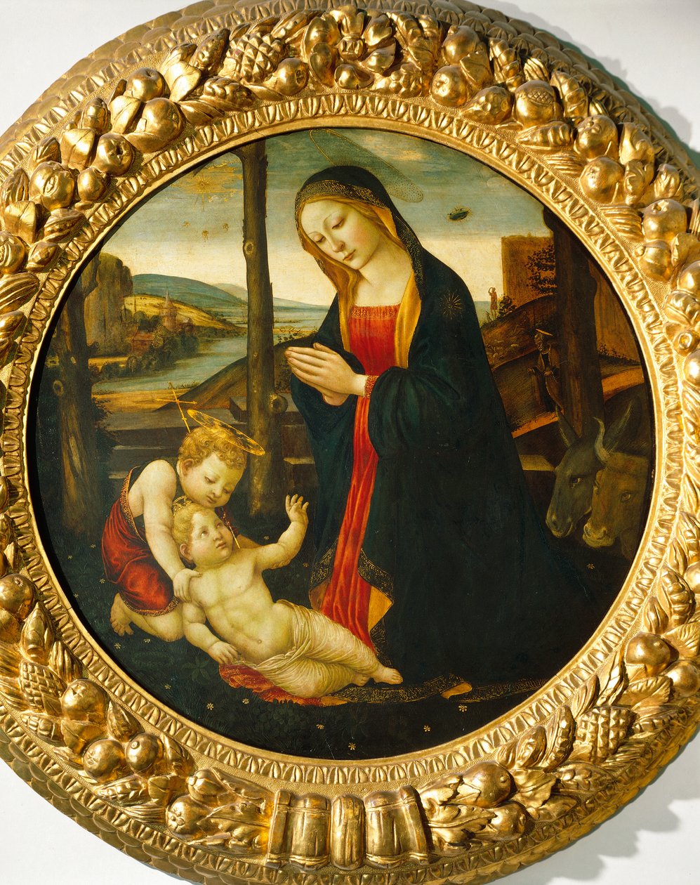 Madonna og barn med St. John (olje på panel) av Master of the Miller Tondo (attr. to)