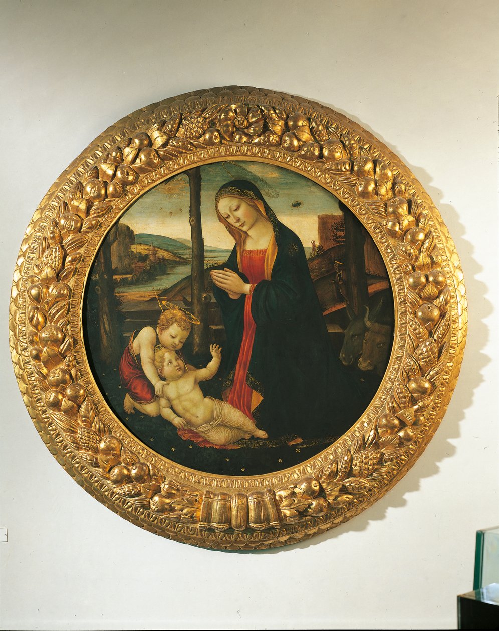 Madonna og barn med St. John (olje på panel) av Master of the Miller Tondo (attr. to)