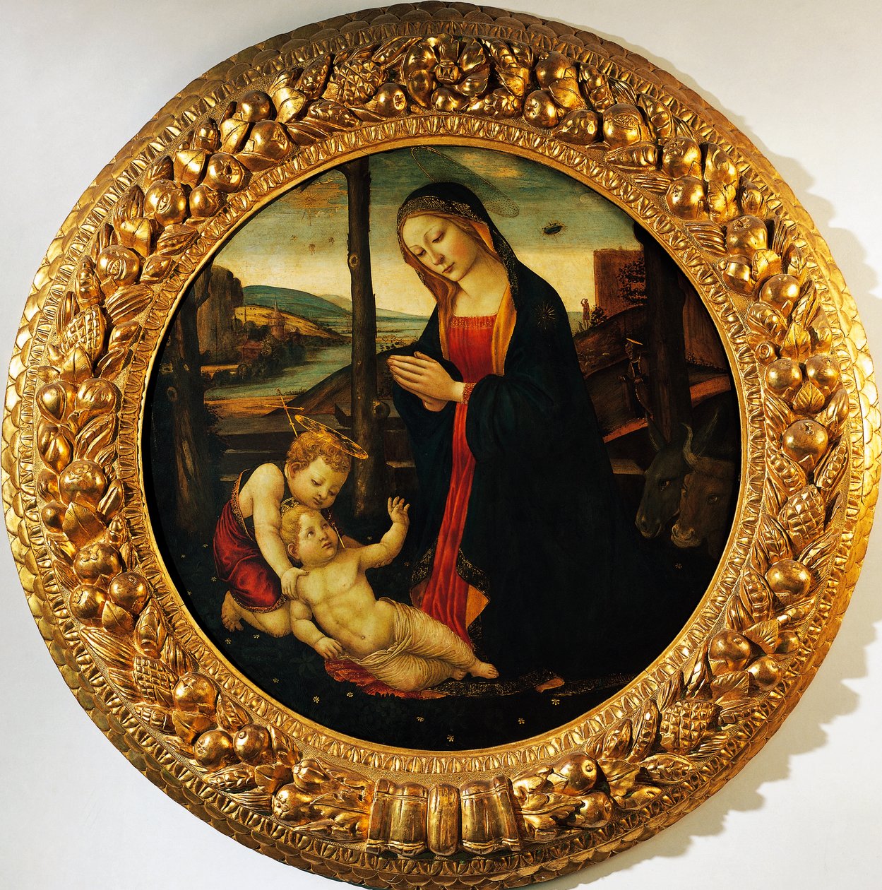 Madonna og barn med spedbarnet Saint John the Baptist, maleri tilskrevet Mesteren av Tondo Miller (slutten av 1400-tallet). av Master of the Miller Tondo (attr. to)