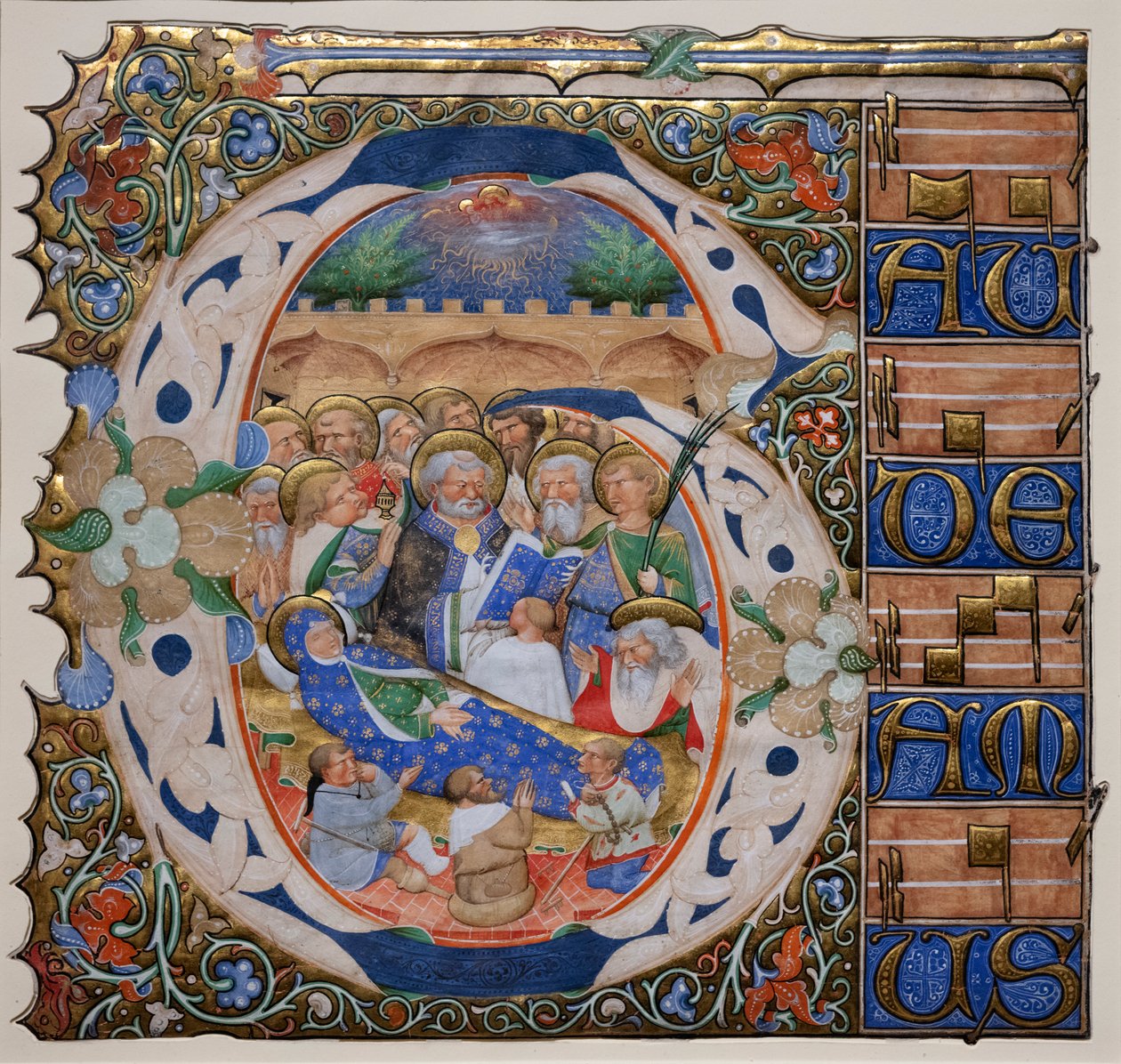 Historikert initial med Jomfruens død. Mester av Murano Gradual. Ca 1420 (pergament) av Master of the Murano Gradual