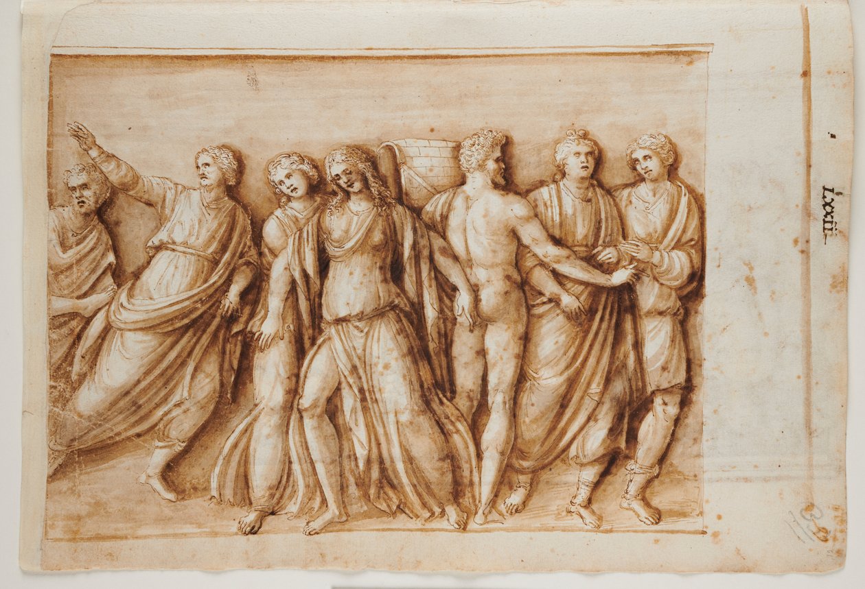 Folio 61, recto: The Return of Meleager from a Roman Sarcophagus, Roma, Palazzo Barberini, ca. 1512-17 (penn og brunt blekk med brun vask) av Master of the Oxford Album