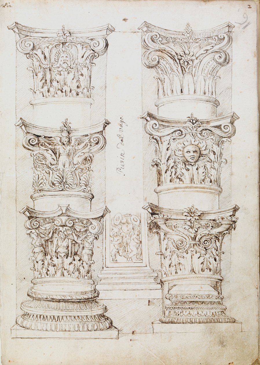 Seks versaler, en lesene og to kolonnebaser, c1512-1517 av Master of the Oxford Album