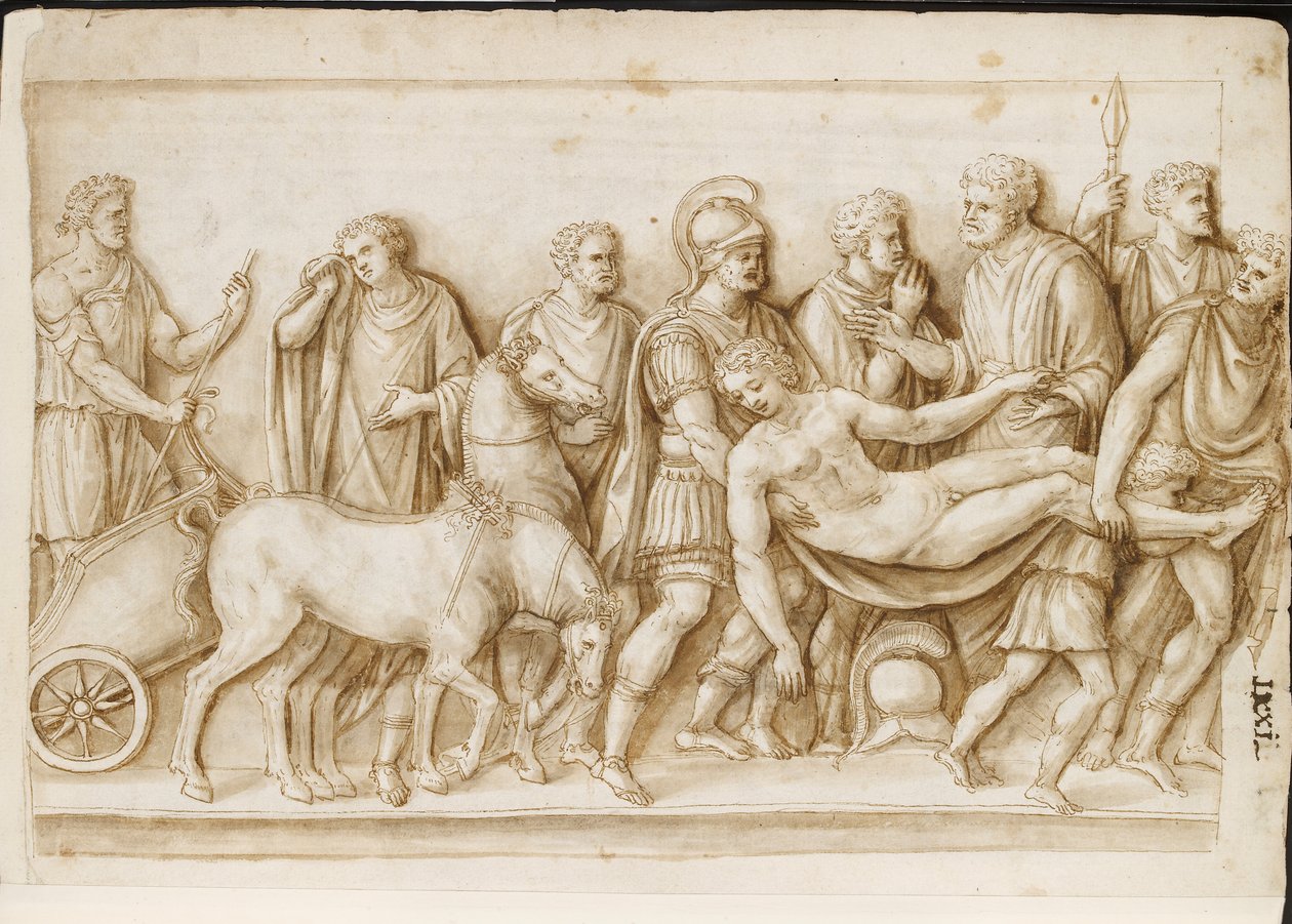 Verso: The Return of Meleager, fra en romersk sarkofag, Palazzo Barberini, Roma, ca. 1512-17 (penn og brunt blekk med brun vask) av Master of the Oxford Album
