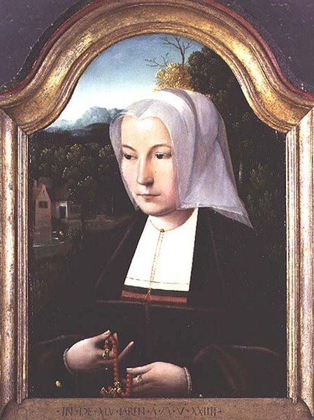 Portrett av en dame som holder en rosenkrans av Master of the Parrot