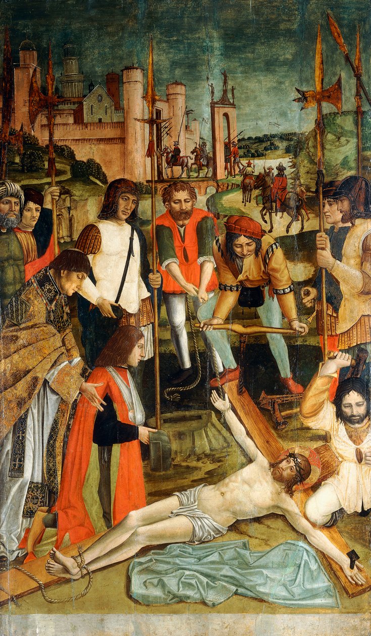 Kristus spikret til korset med en giver med armen i en slynge presentert av en prest av Master of the Pavia Deposition