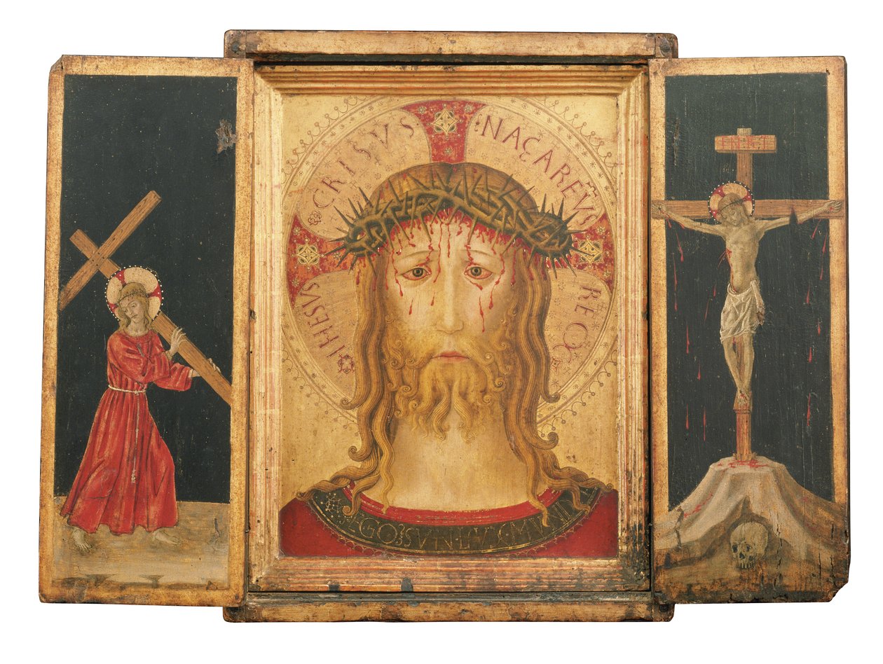 En triptyk: Kristus forløseren flankert av Kristus som bærer korset og korsfestelsen (gull bakkepanel i integrert ramme) av Master of the Pietà di San Costanzo