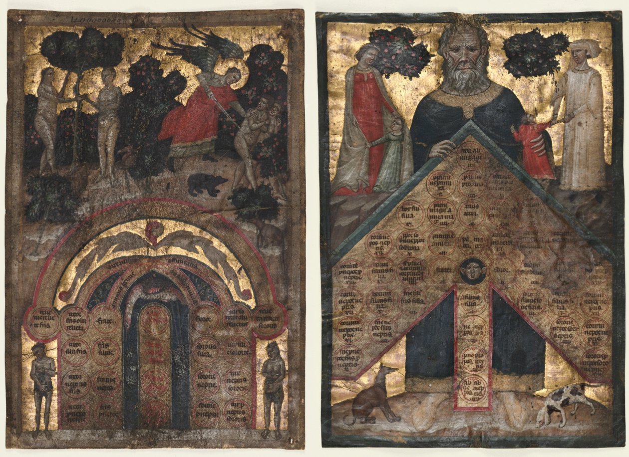 Blader fra et bind av Johannes Andreas "Forelesning om treet til slektskap og slektskap: Table of Affinity and Table of Consanguinity av Master of the Register of 1328
