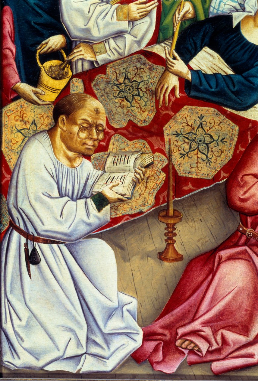 Jomfruens død Detalj som representerer en munk som leser med briller. Maleri av Mesteren av den øvre Rhinen (1400-tallet) av Master of the Rhine
