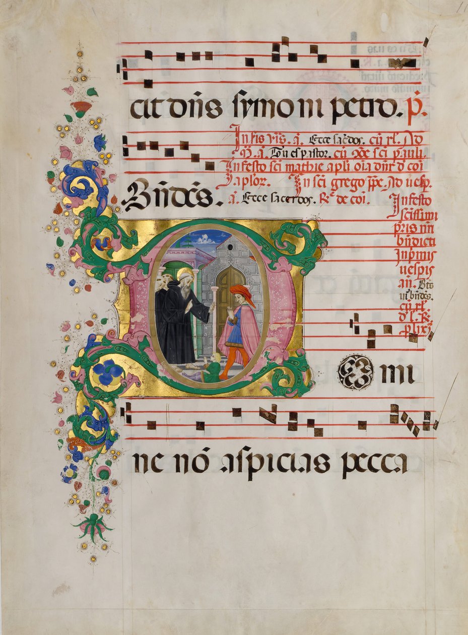 Manuskriptblad med Saint Benedict som gjenoppliver en gutt i en initial D, fra et antifonarium. av Master of the Riccardiana Lactantius