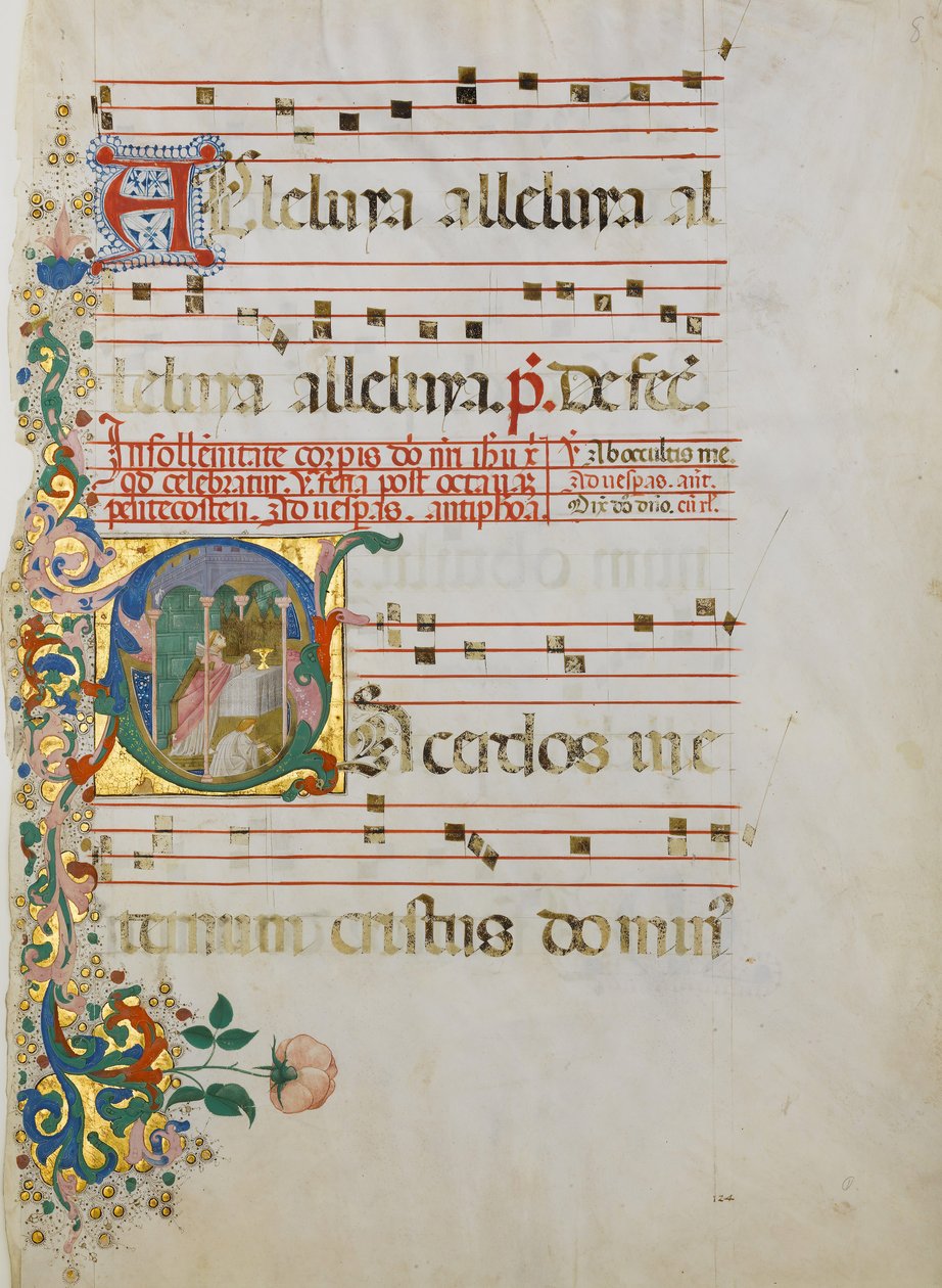 Manuskriptblad med feiring av en messe i en innledende S..., andre halvdel av 1400-tallet. av Master of the Riccardiana Lactantius