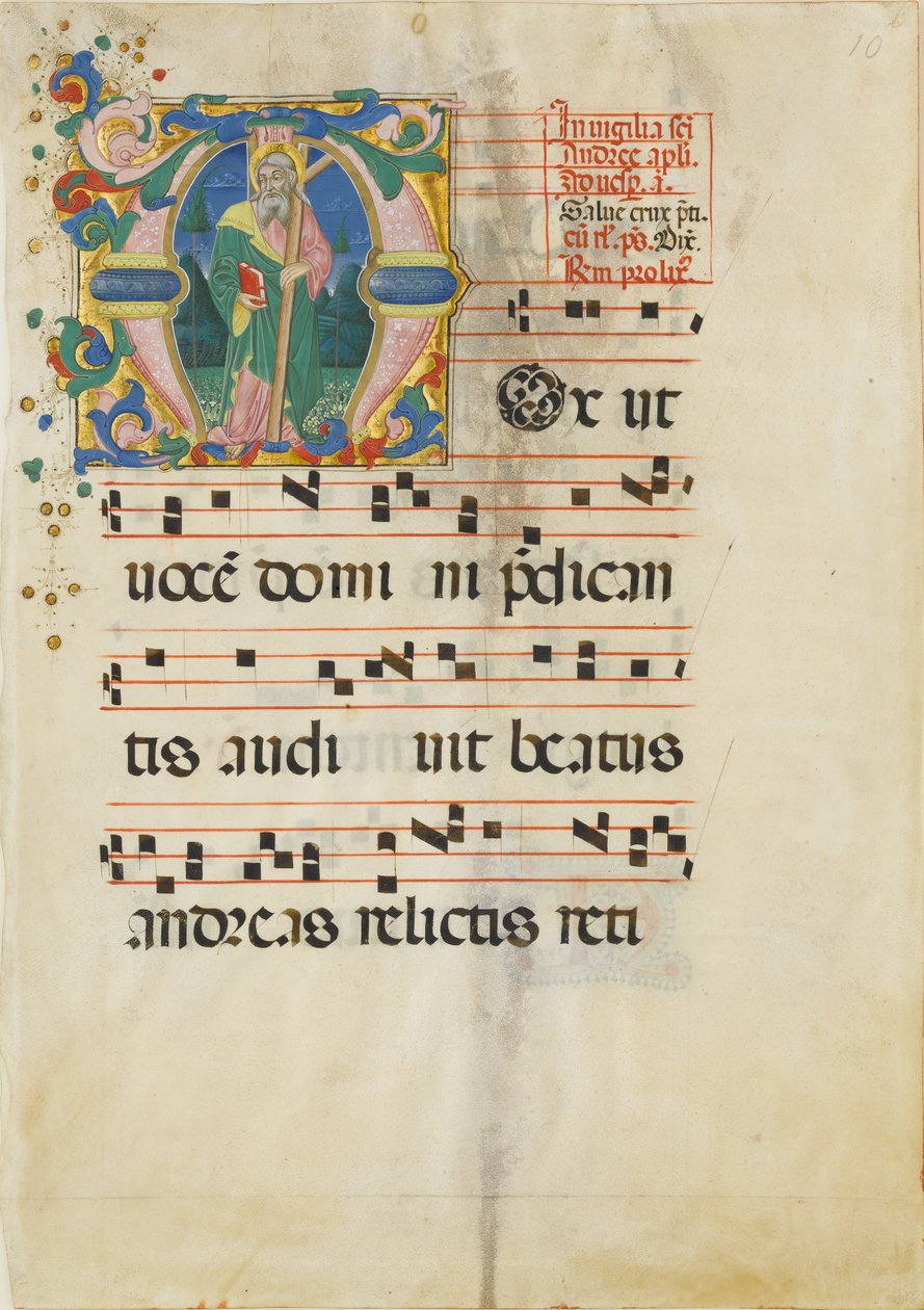 Manuskriptblad med St. Andreas-festen i en innledende M ..., andre halvdel av 1400-tallet. av Master of the Riccardiana Lactantius