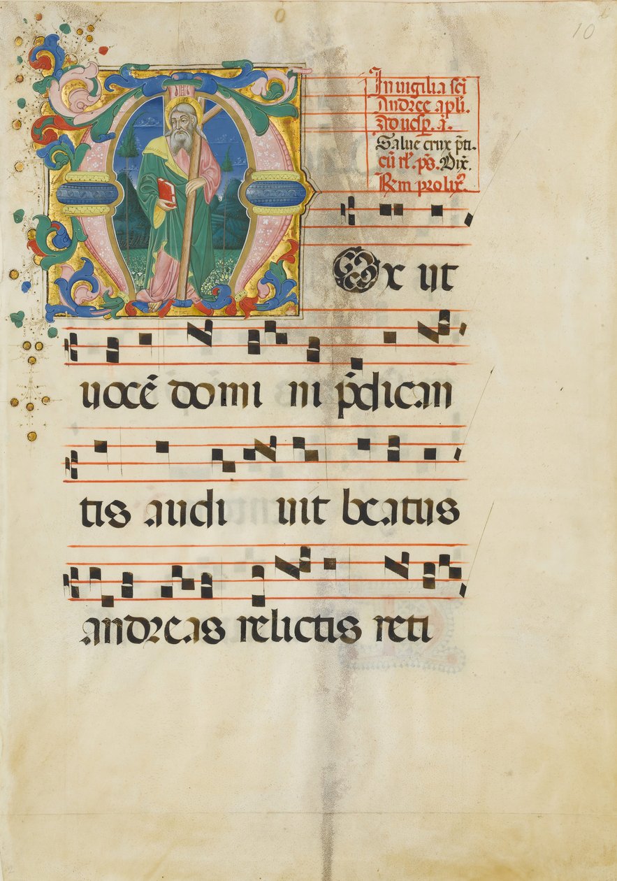 Manuskriptblad med den hellige Andreas-festen i en innledende M..., andre halvdel av 1400-tallet. av Master of the Riccardiana Lactantius