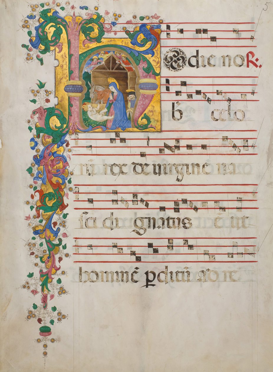 Manuskriptblad med fødselen i en innledende H, fra en Antiphonary, italiensk, andre halvdel 1400-tallet av Master of the Riccardiana Lactantius