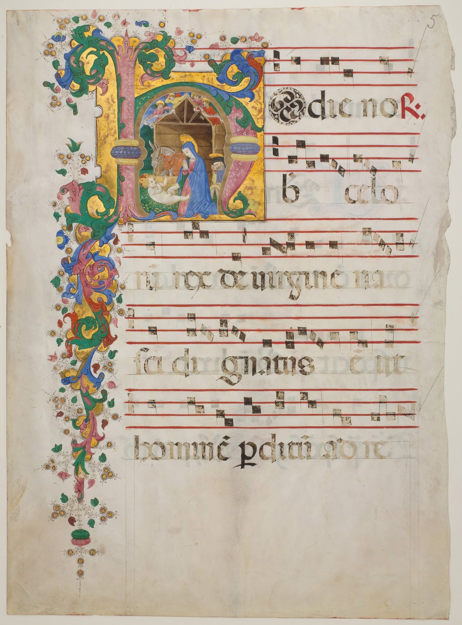 Manuskriptblad med fødselen i en innledende H, fra et antifonarium, andre halvdel av 1400-tallet. av Master of the Riccardiana Lactantius