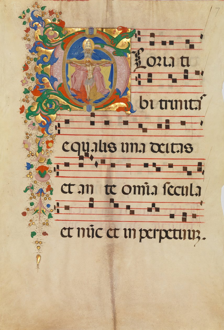 Manuskriptblad med treenigheten i en innledende G, fra en Antiphonary, andre halvdel av 1400-tallet. av Master of the Riccardiana Lactantius