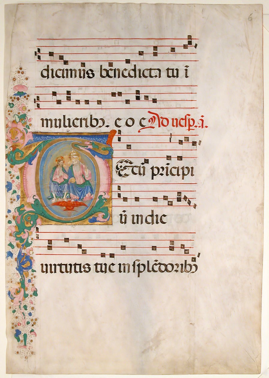 Manuskriptblad med treenigheten i en innledende T, fra en Antiphonary, andre halvdel av 1400-tallet. av Master of the Riccardiana Lactantius