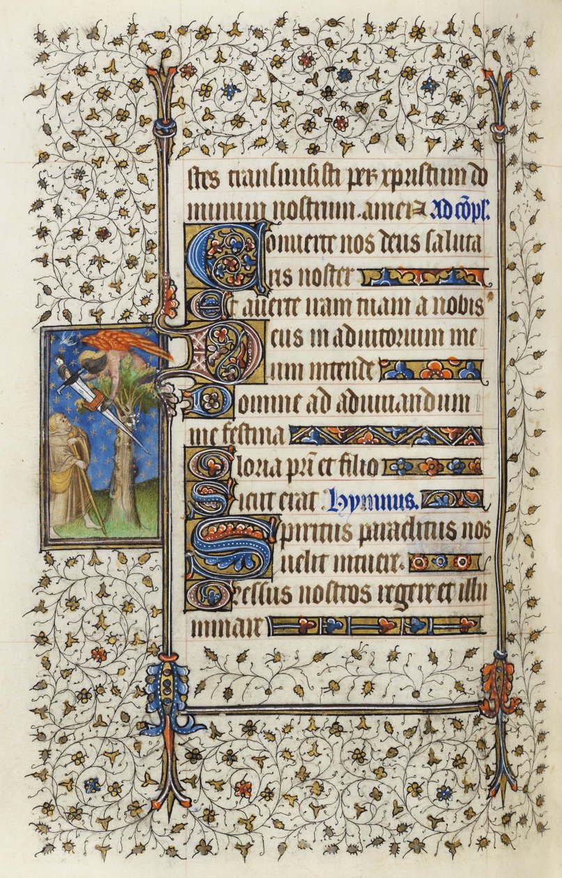 Ms 62 f.132v Bevinget figur i en tretopp med bok gjennomboret av et sverd, fra 