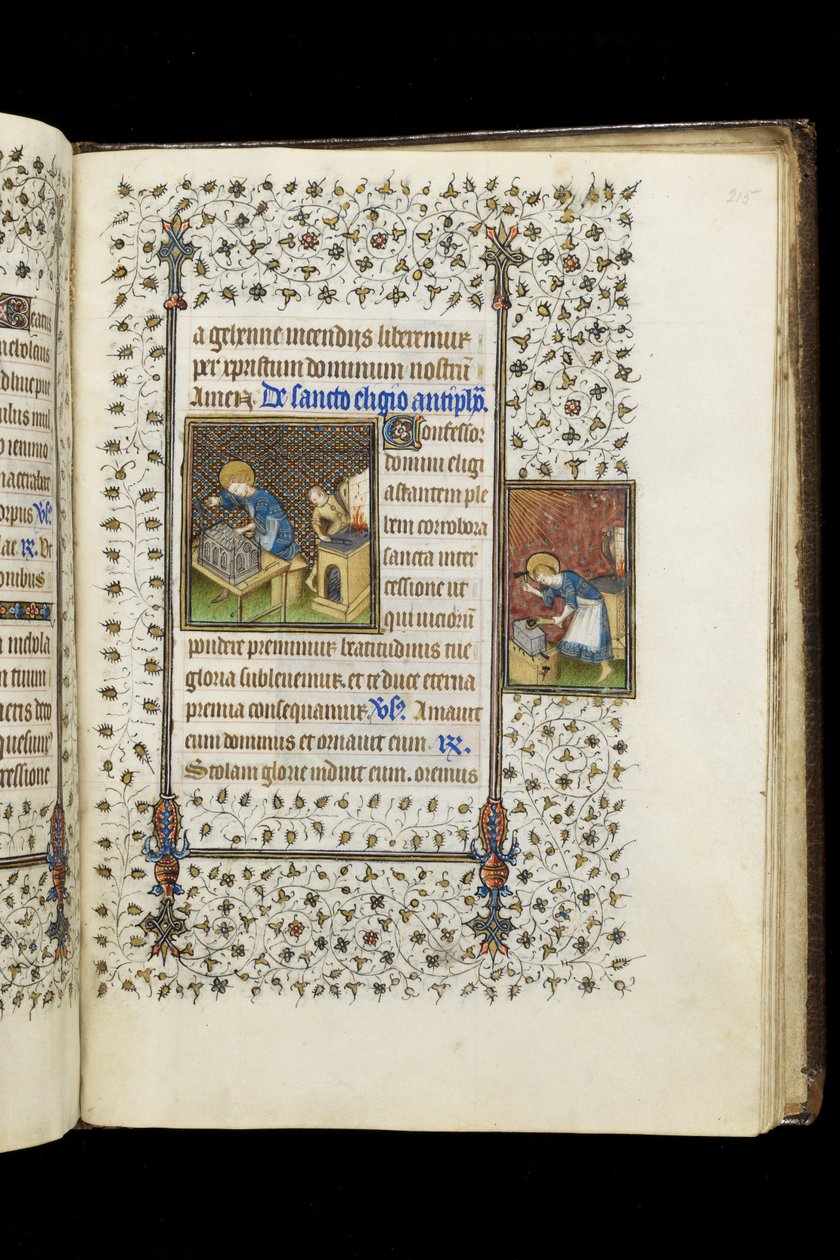 Ms 62 f.215r St. Eligius gjør en helligdom; St. Eligius ved en ambolt, fra en timebok, ca. 1445-50 (vellum) av Master of the Rohan Hours