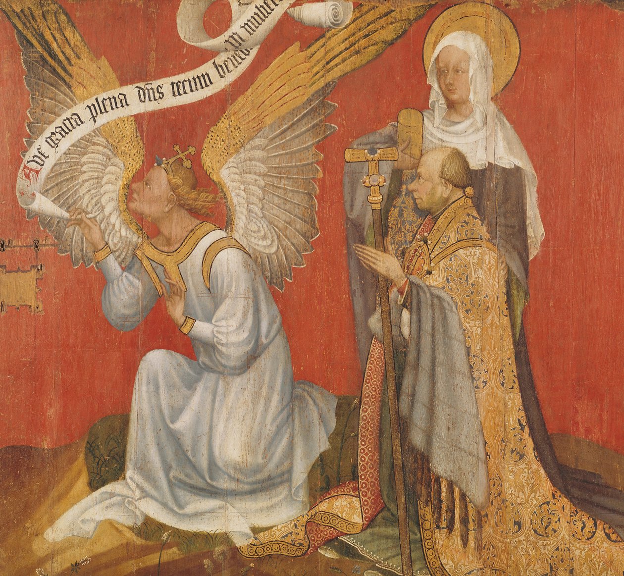 Panel fra en diptyk som viser bebudelsens engel, giveren og en kvinnelig helgen, muligens St. Maria Magdalena, ca. 1420 av Master of the Rohan Hours