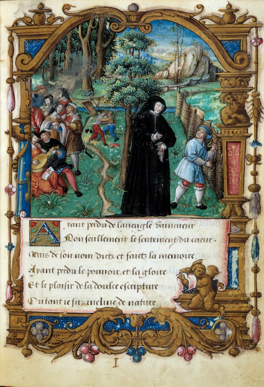 Representasjon av dronningen av Navarre Margarita av Angoulema (1492-1549), høflig kjærlighetsscene. Side hentet fra manuskriptet "" La coche ou Debat d