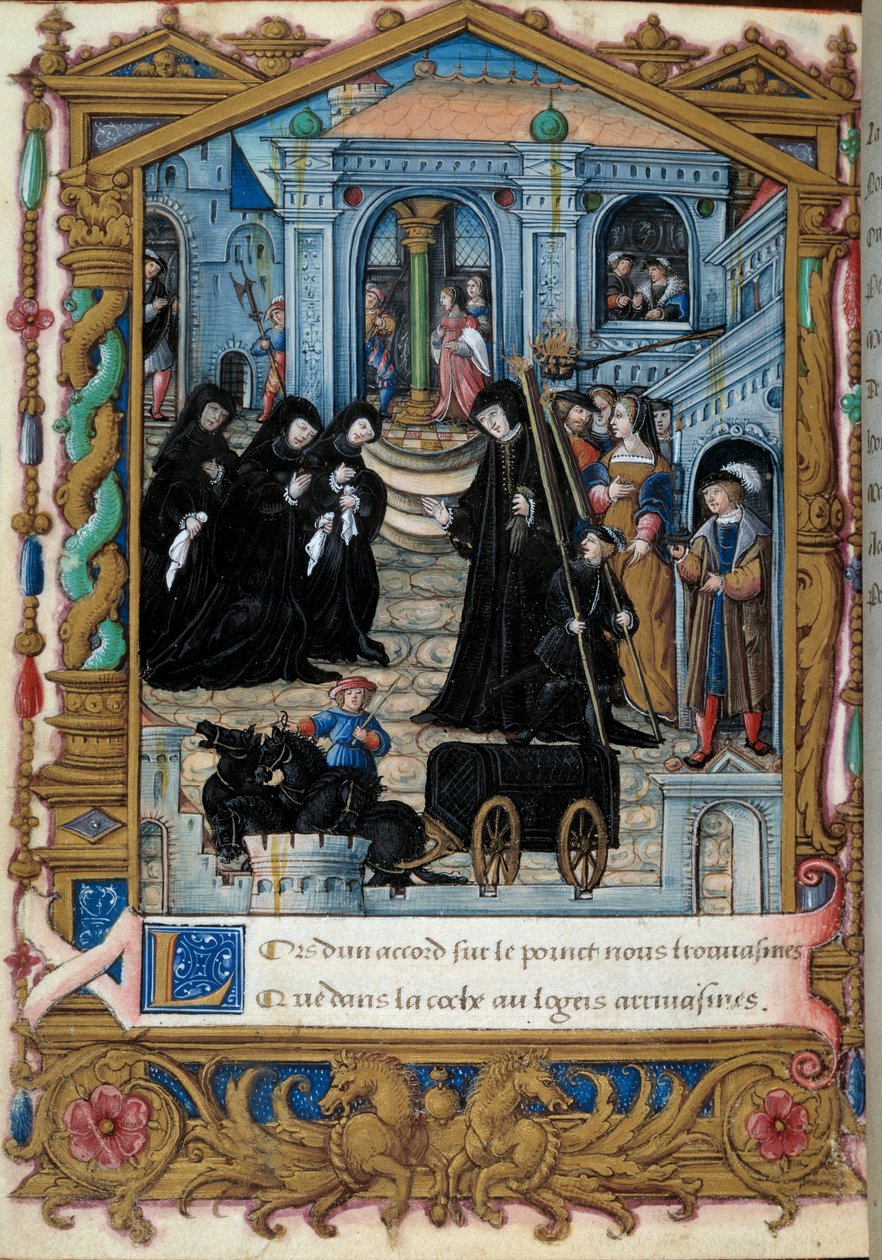 Representasjon av dronningen av Navarra Margarita av Angoulema (1492-1549) omgitt av hennes følgesvenner. Side hentet fra manuskriptet "" La coche ou Debat d