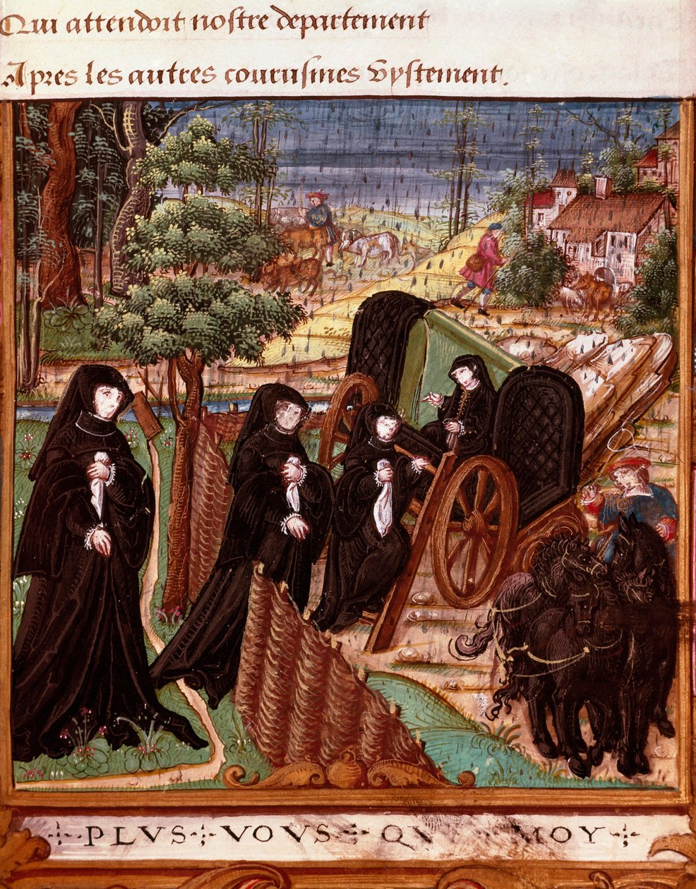 Representasjon av dronningen av Navarre Margarita av Angoulema (1492-1549) omgitt av hennes ledsagerdamer som går ombord i en vogn for å gå en tur”” Side hentet fra manuskriptet “” La coche ou Debat d