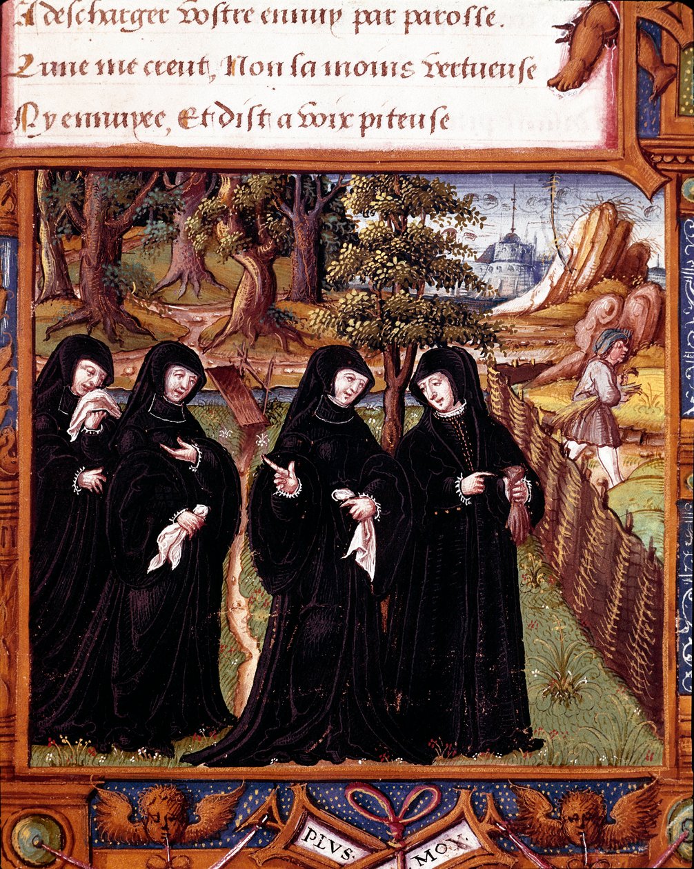 Representasjon av dronningen av Navarra Margarita av Angoulema (1492-1549) som snakker med sine ledsagere. Side hentet fra manuskriptet "" La coche ou Debat d