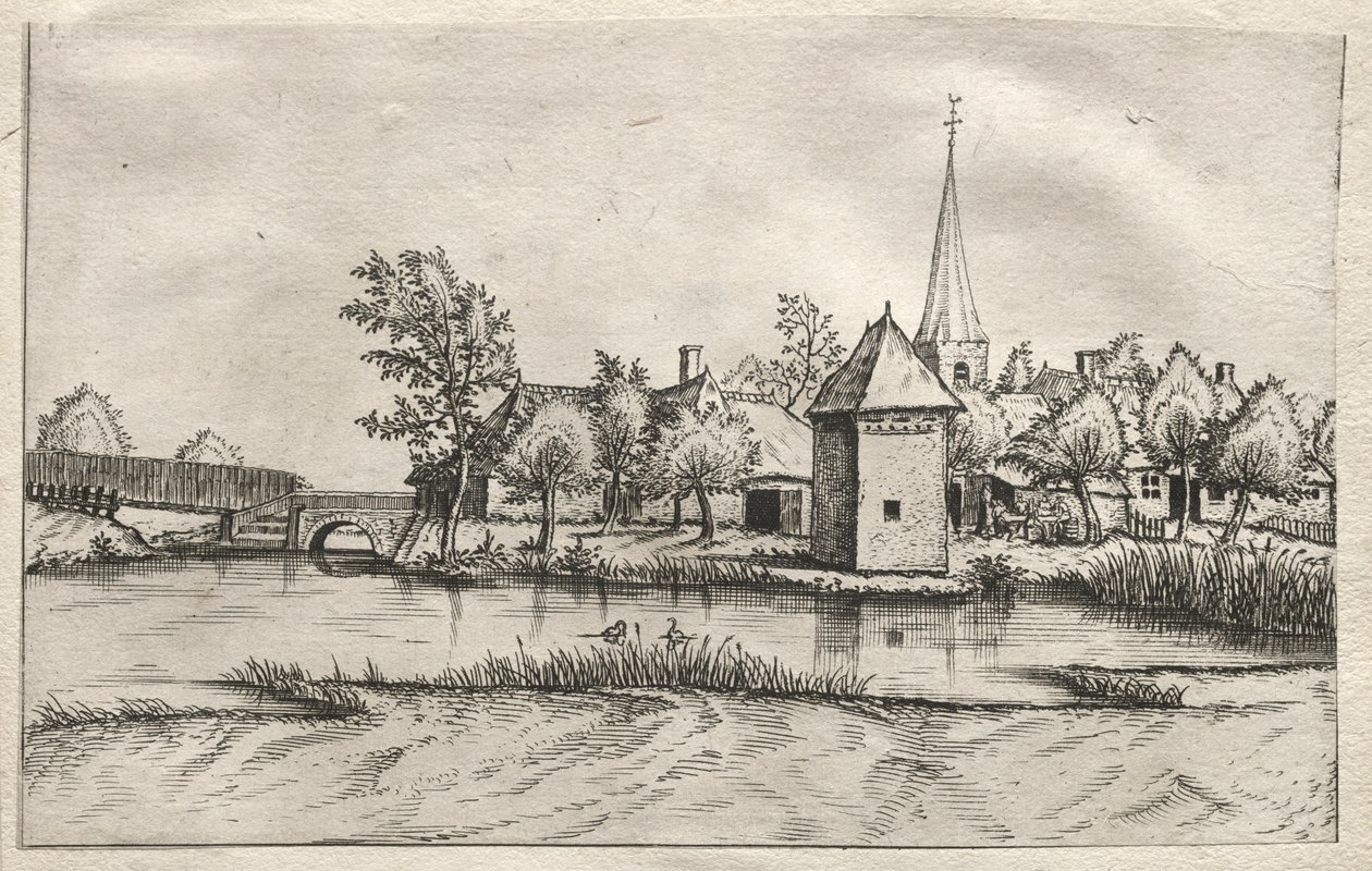 Utsikt over landsbyer i Brabant og Campine: A Moated Village, ca. 1561. av Master of the Small Landscapes