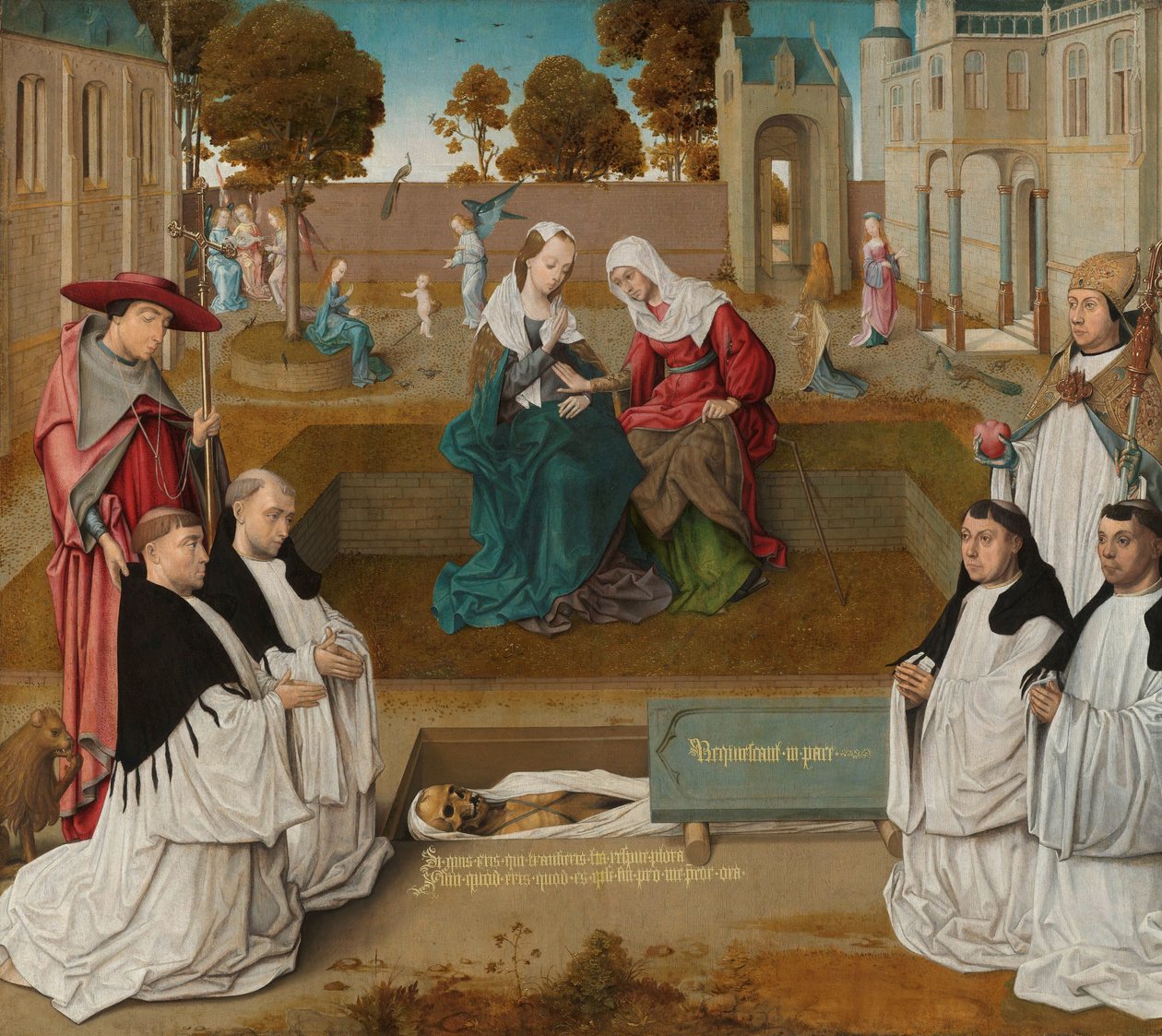 minnebrett Fire kanoner med de hellige Augustine og Hieronymus ved en åpen grav med besøket av Master of the Spes Nostra