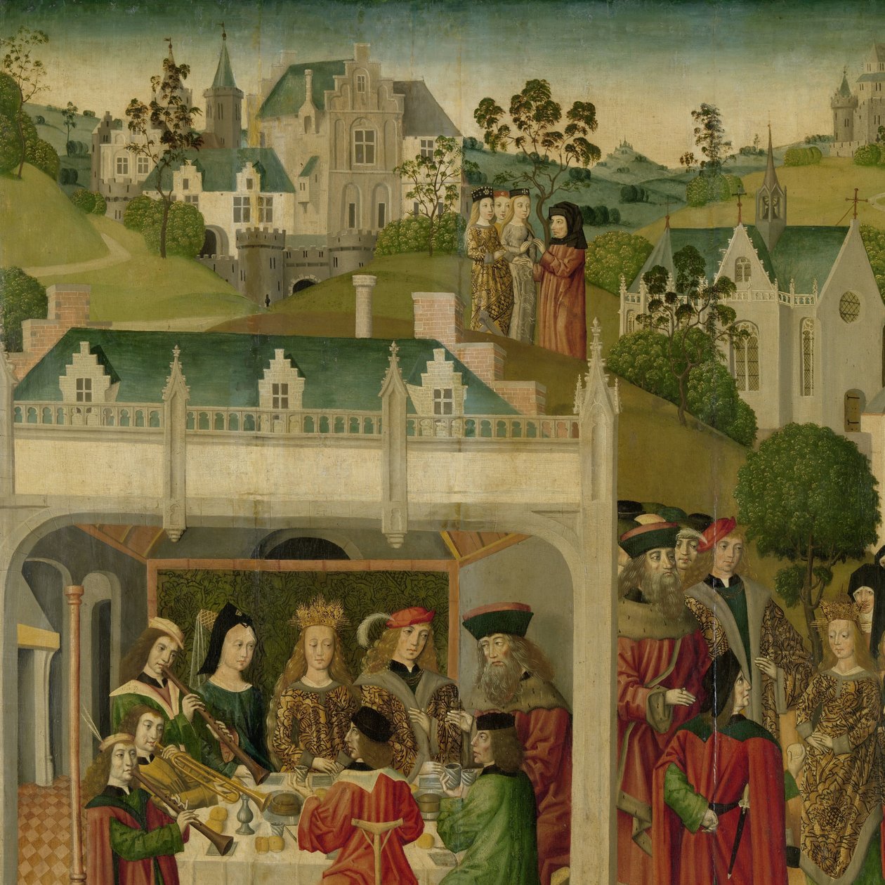 Bryllupsfesten til Saint Elizabeth av Ungarn og Ludvig av Thüringen i Wartburg, indre venstre fløy av en altertavle laget for Grote Kerk i Dordrecht av Master of the St Elizabeth Panels