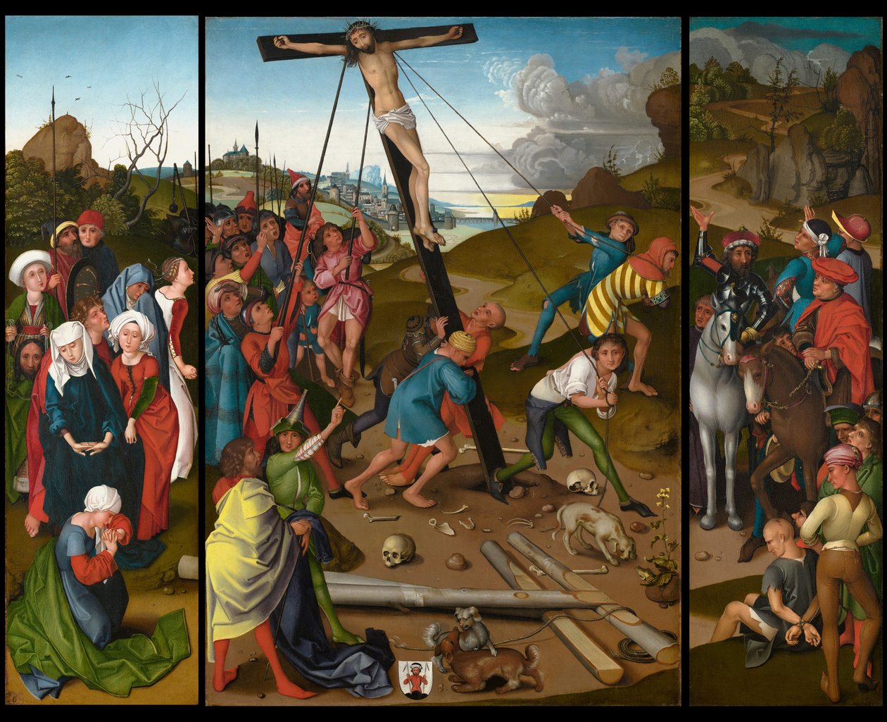 The Raising of the Cross [senter, venstre og høyre paneler] av Master of the Starck Triptych